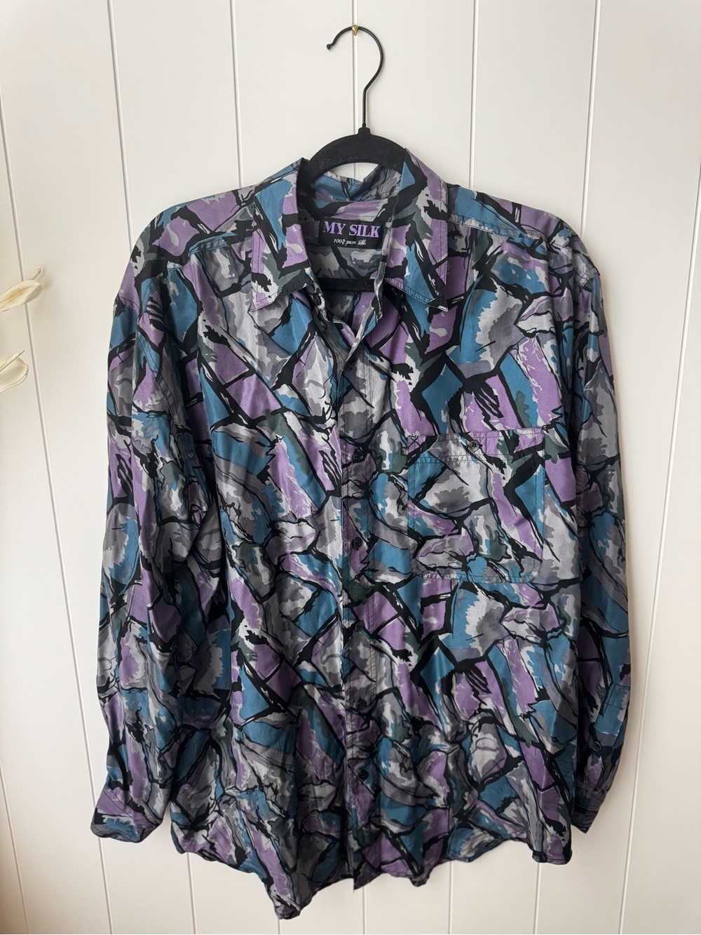 Vintage MY SILK Men's Silk Geometric Button-Up Shirt Purple Blue Gray Medium